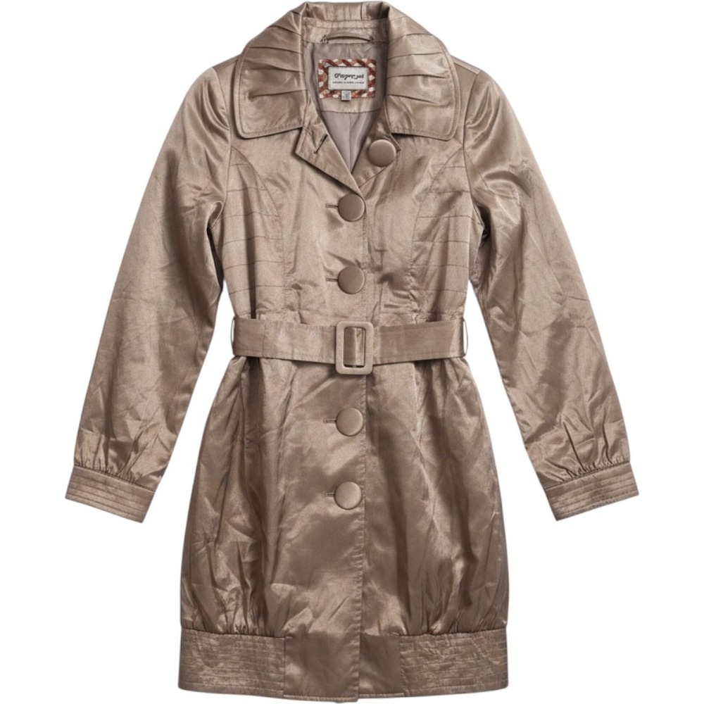 Papaya‎ Belted Metallic Trench Coat S Taupe Satin Finish Chic Spring Fall Glam